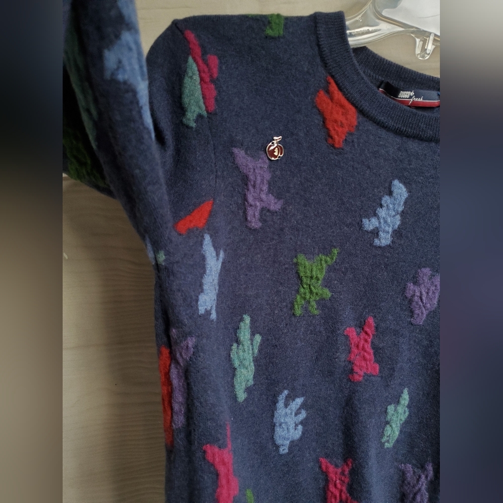 Bosco Fresh 100% Wool Multicolored Graphic Dino Pattern Navy Crewneck Sweater - Picture 6 of 14